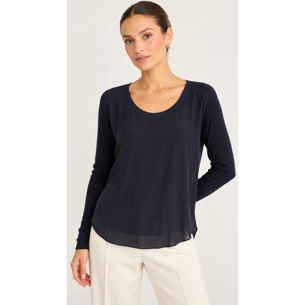 Vince Mixed Media Silk Front Knit Top Navy Scoop Neck Long Sleeve Size S